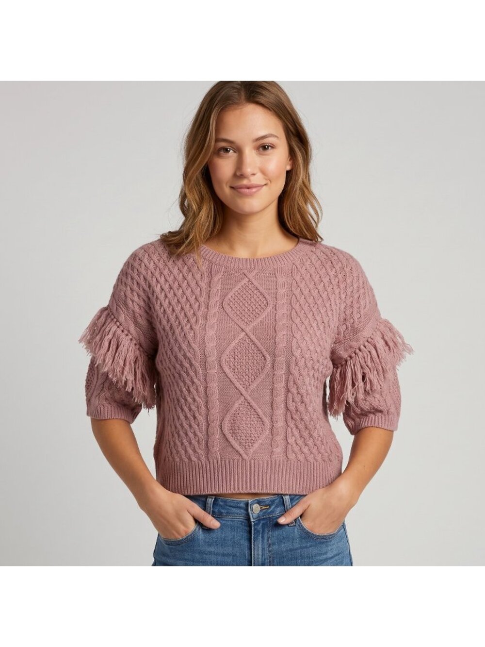 BB Dakota by Steve Madden Fringe Out Short Sleeve Sweater in Rose size XS NWOT